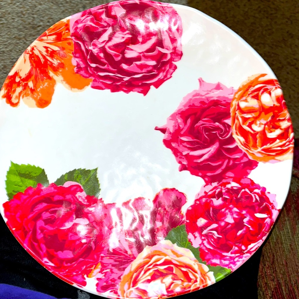 RARE VTG Sur La Table pink 11” floral CAMELLIA ROSE melamine SIX dinner plates